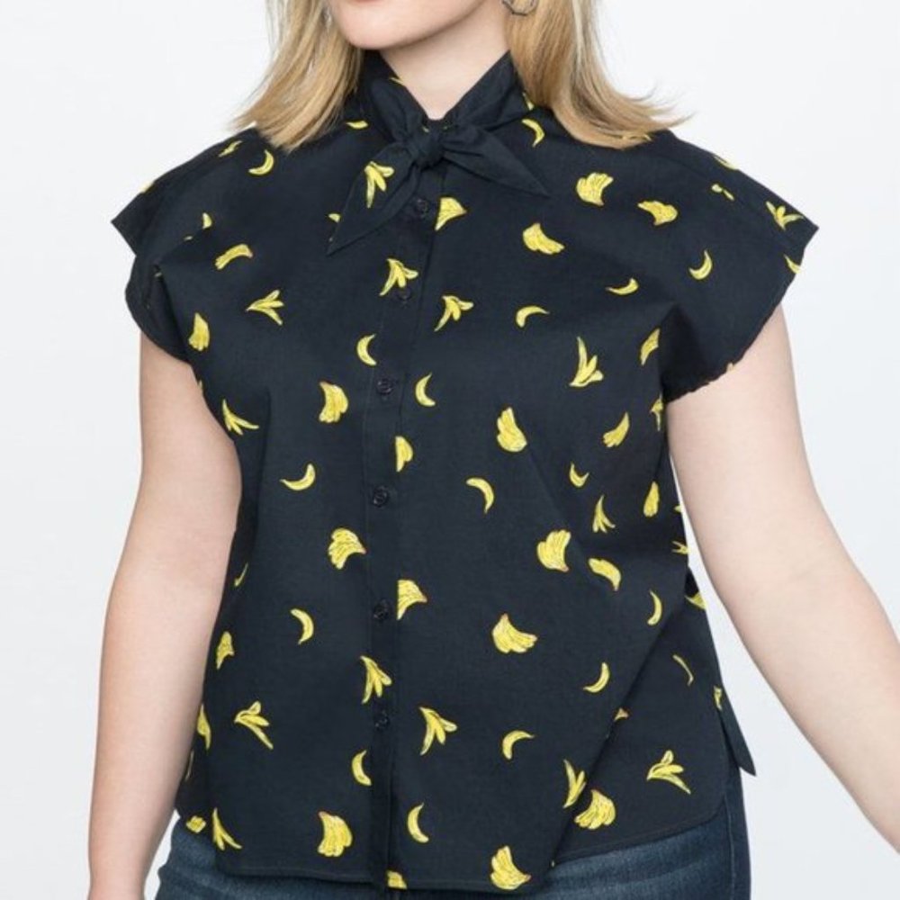 Eloquii Banana Sailor Button Up Short Sleeve Shirt